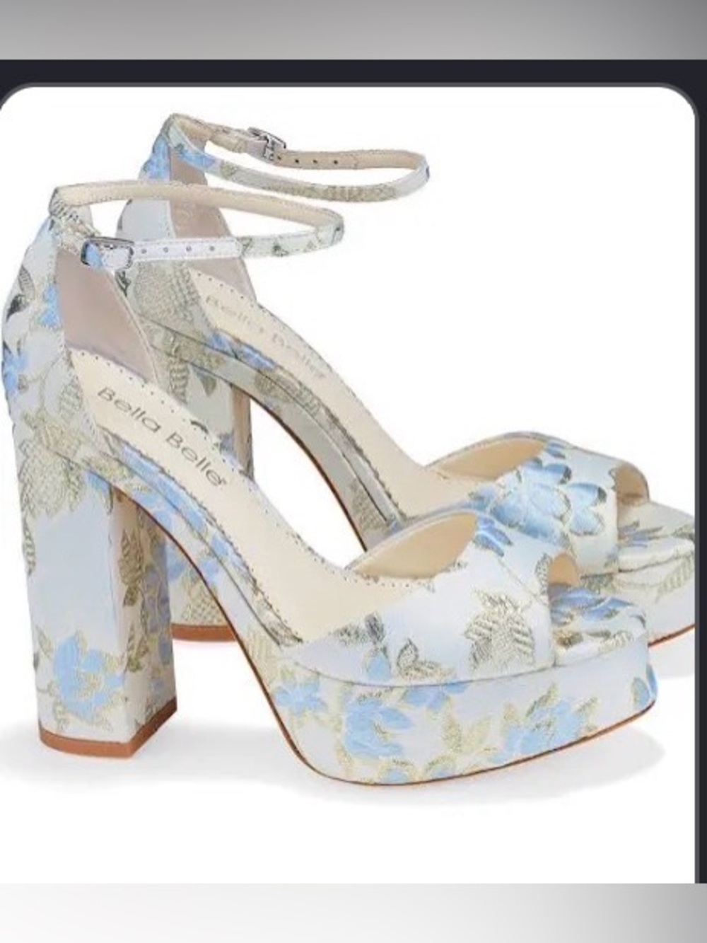 Bella Belle Light Blue & Gold Floral Platform Heels with Ankle Strap